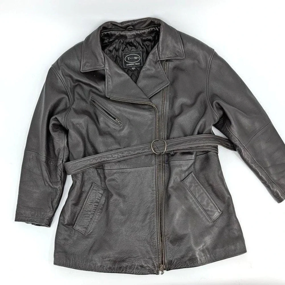Tannery West‎ Brown Leather Belted Moto Jacket Asymmetrical Zip Quilted L